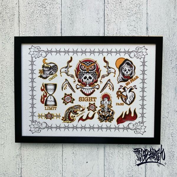 タトゥー フラッシュ アメトラ tattoo art オリジナル イラスト A4サイズ 黒色 フレーム付き フクロウ カラス 死神 アメリカン