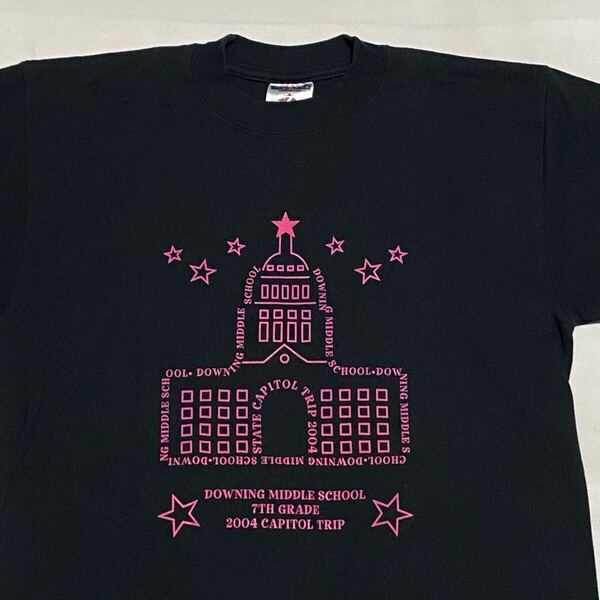 00's JERZEES DOWNING MIDDLE SCHOOL プリントTシャツ Mサイズ ビンテージ古着 黒ピン Y2Kファッション 90's vintage 2000年代
