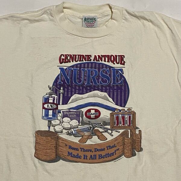 90's ANTIQUE BRAND GENUINE ANTIQUE NURSE 救急道具 プリントTシャツ Lサイズ ビンテージ古着 90年代 80's ナース 注射器 vintage