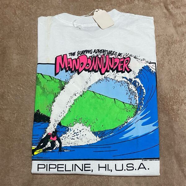 DEAD STOCK 80's Hanes MANDOWNUNDER PIPELINE 蛍光プリントTシャツ Mサイズ USA製 ビンテージ古着 vintage デッドストック NOS 80年代