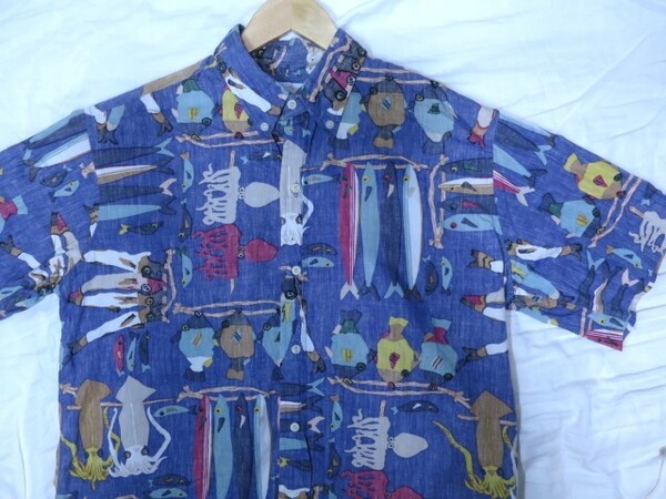 L サイズ 90s レインスプーナー ビキニタグ 総柄 ボタンダウン ハワイアン アロハシャツ ハワイ製 水着タグ 魚介