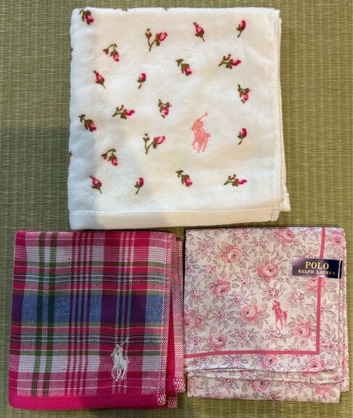 未使用 シール付 有 POLO RALPH LAUREN ハンドタオル ハンカチ 3点 セット ポロ ラルフローレン 花柄 ピンク ホワイト レディース