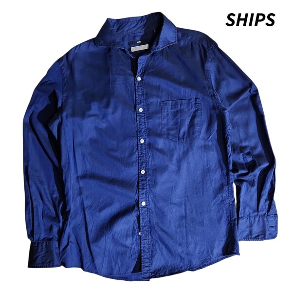 SHIPS ピマコットン ワイドカラー長袖シャツ 濃いネイビー 表記M 柔らかめの生地 84515