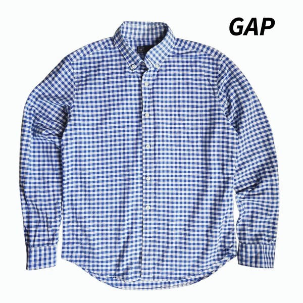 GAP ギンガムチェック・綿100% ボタンダウン長袖シャツ 表記S 実質M 青&白 84543