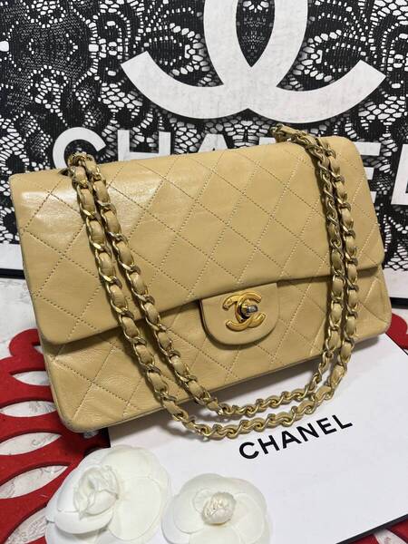 ◆◇ 極上美品 シャネル ★ CHANEL マトラッセ ダブルフラップ ダブルチェーン ヴィンテージ ベージュ × ゴールド 007 ◇◆