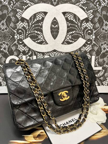 超美品 CHANEL シャネル マトラッセ ダブルフラップ ダブルチェーン ヴィンテージ ブラック × ゴールド 016
