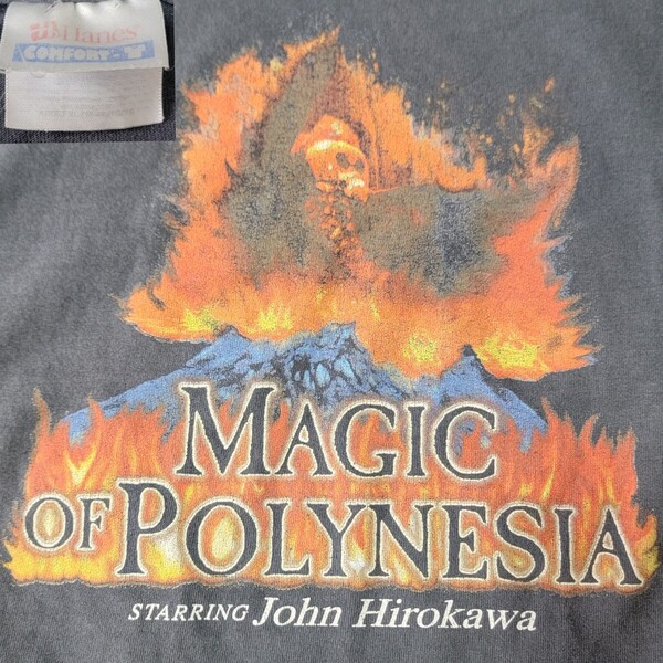 神フェード Hanes ヘインズボディ MAGIC OF POLYNESIA JOHN HIROKAWA フレイム Tシャツ XL 半袖 カットソー 両面プリント