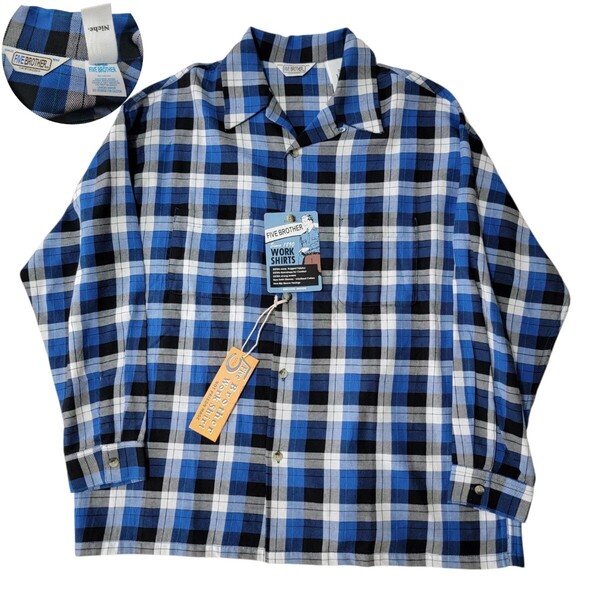【完売】新品 FIVE BROTHER ファイブブラザー niche. ニッチ it's inconspicuous presence 青×黒×白 ネルシャツ L オープンカラーシャツ
