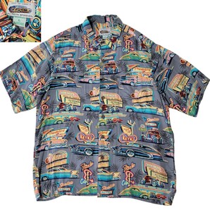 【 ほぼ未使用 】90S レインスプーナー REYN SPOONER 総柄 クラシックカー 半袖 ハワイアンシャツ US L アロハシャツ 日本L~XL レーヨン