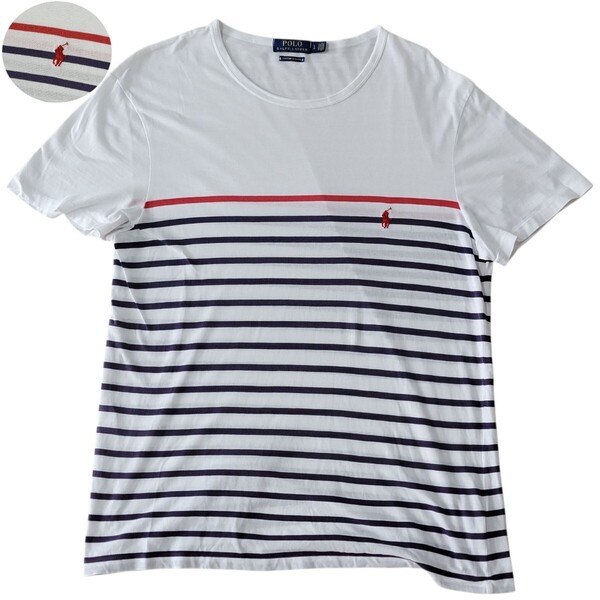美品 ポロラルフローレン POLO RALPH LAUREN フレンチボーダー柄 ポロプレイヤー刺繍 Tシャツ L 半袖Tシャツ CUSTOM SLIM FIT カットソー