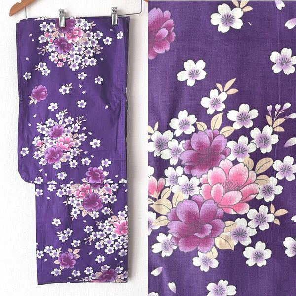 ◆新品 浴衣単品 江戸紫に八重桜柄