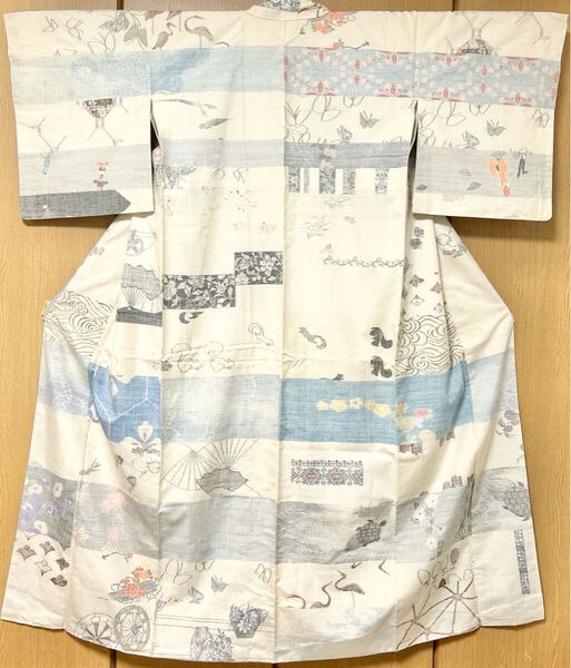 小千谷紬 百柄 正絹 新古品 白地 水色 袷 yzk470