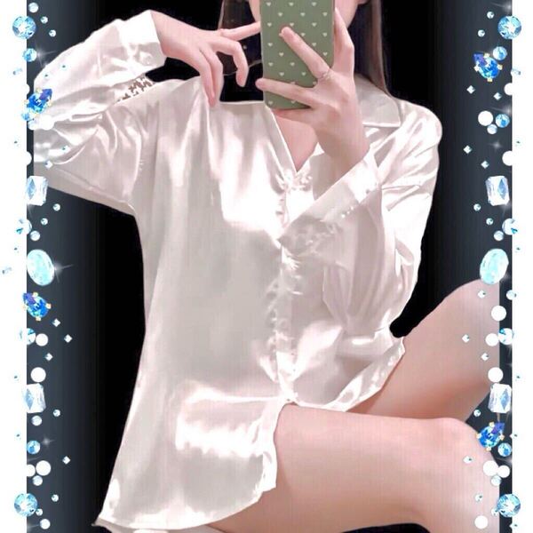 サテン つるつる ツルツル シャツ ブラウス 超光沢 パールホワイト レディース 大きいサイズ XL 女装 LL satin shirt 白シャツ