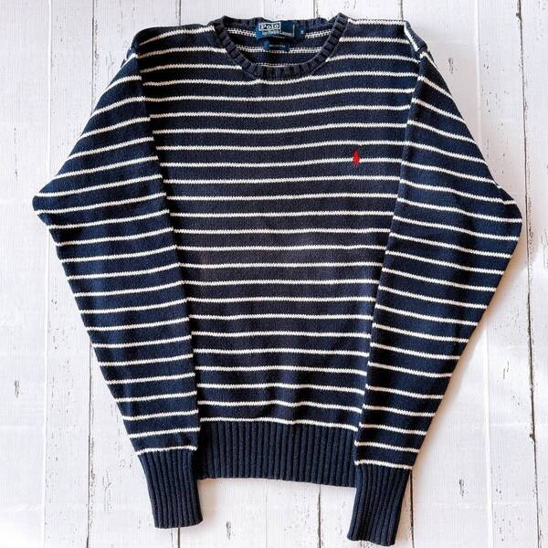 ポロ ラルフローレン コットンセーター 紺 丸首 ボーダー S トップス ニット 長袖 綿100% Polo by Ralph Lauren cotton sweater knit navy