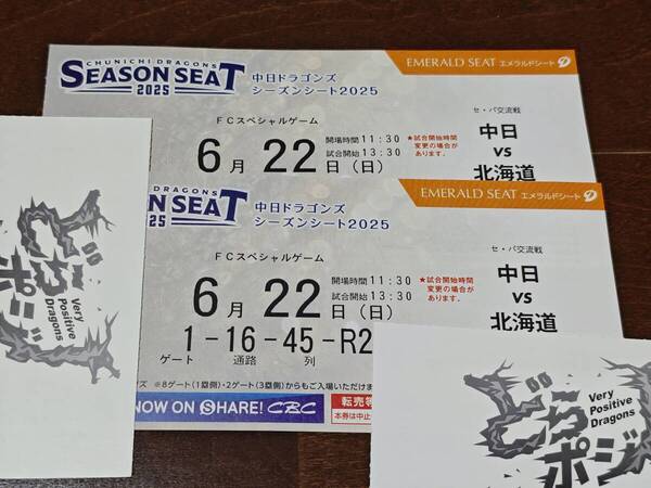 中日vs北海道日本ハム★6月22日(日)★1塁側内野エメラルド(内野A) 通路側★ペアチケット 2枚★バンテリンドームナゴヤ プロ野球★送料無料