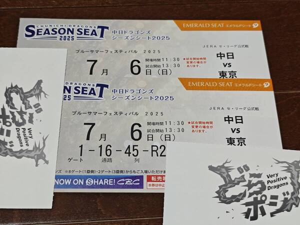 中日vs東京ヤクルト★7月6日(日)★1塁側内野エメラルド(内野A) 通路側★ペアチケット 2枚★バンテリンドームナゴヤ プロ野球★送料無料