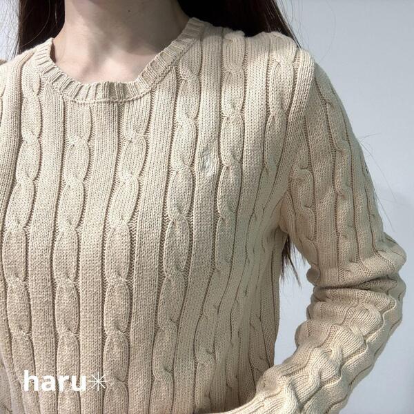美品 POLO RALPH LAUREN ポロラルフローレン 定番大人気 ベージュ 茶色 ケーブルセーター ニット 正規品 S ホワイトポニー 刺繍 レディース