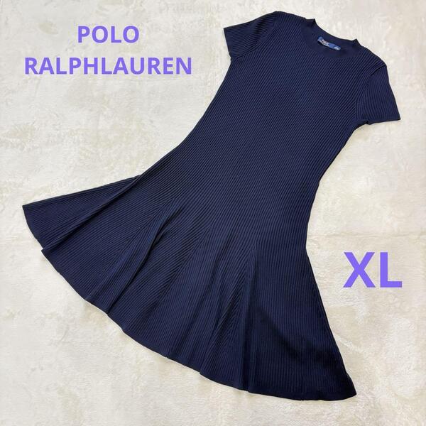 未使用級 POLORALPHLAUREN ポロラルフローレン リブニット ワンピース ネイビー 紺 フレア 半袖 春夏秋 レディース 希少サイズ XL 正規品