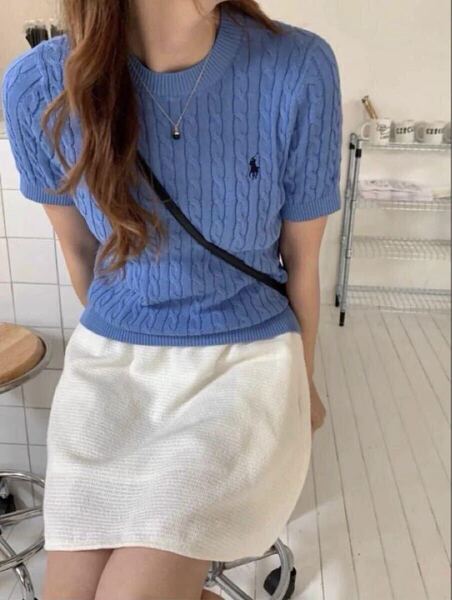 新品タグ付 POLO RALPHLAUREN ポロラルフローレン 現行タグ ケーブルニット セーター 定番 人気 半袖 ライトブルー M 水色
