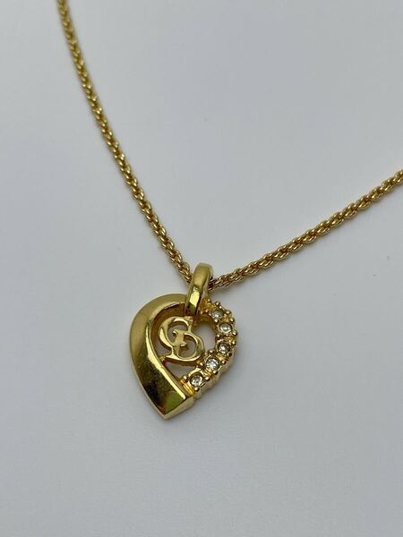 G035 極美品 Christian Dior クリスチャンディオール ゴールド ラインストーン ネックレス ペンダント CDロゴ ハート