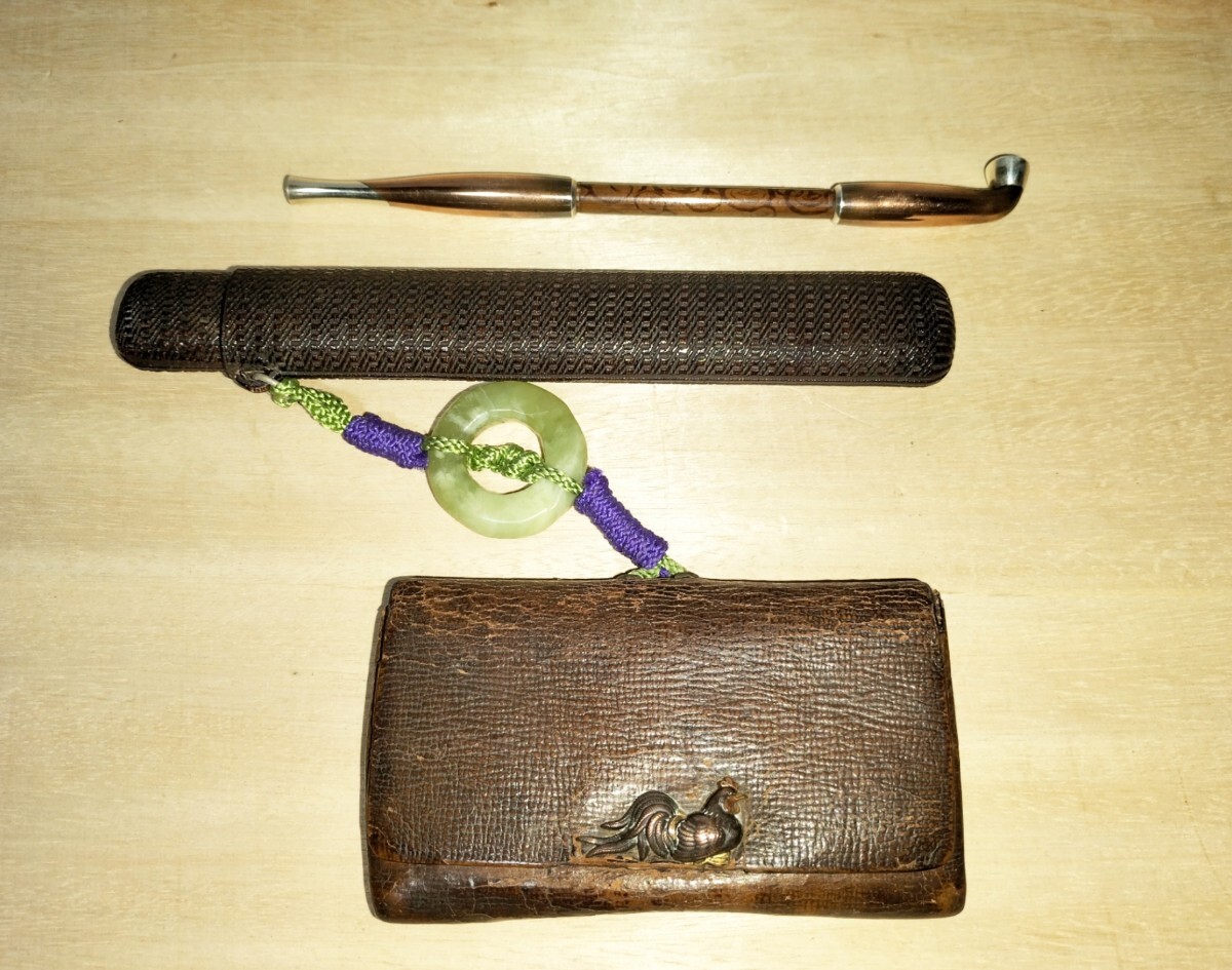 ⑤骨董 時代物 腰差し煙草入れ 煙管と煙管筒 鹿角 キセル たばこ