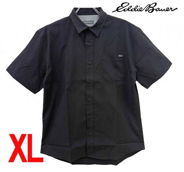 新品 XL Eddie Bauer エディーバウアー メンズ 半袖 ストレッチ シャツ ブラック コストコ ポケット ロゴ 無地 ワークシャツ オフィス