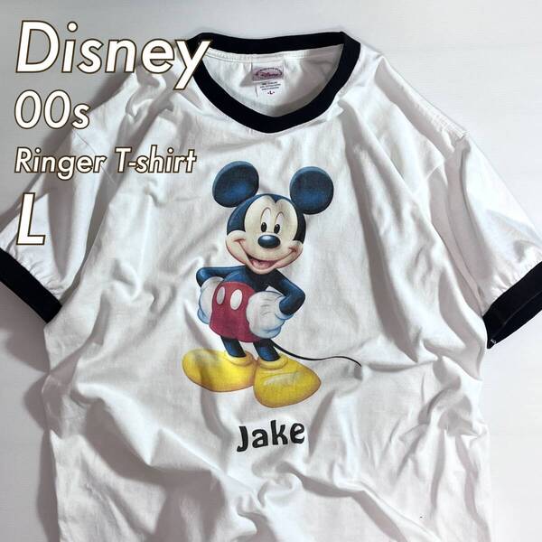 美品 00s レア Disney store L ホワイトブラック ミッキーマウス ミッキー プリント ヘビーウェイト 半袖リンガーTシャツ 短丈 p25053221