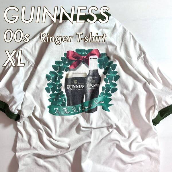 00s GUINNESS ギネス XL ホワイト オリーブグリーン 両面プリント バックプリント 企業ロゴ ヘビーウェイト 半袖リンガーTシャツ p25053219