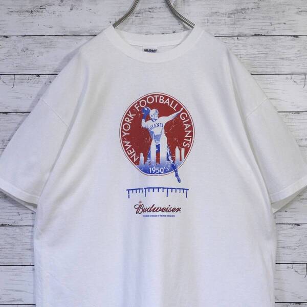 00s Budweiser バドワイザー XL ホワイト NFL NEWYORK GIANTS ニューヨークジャイアンツ アメフト 企業ロゴプリント 半袖Tシャツ 20202804