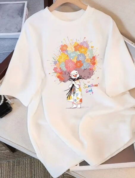 純綿レディース半袖Tシャツ - ブラック・ユニークなキャラクタープリント・ゆったりフィット・ラウンドネック