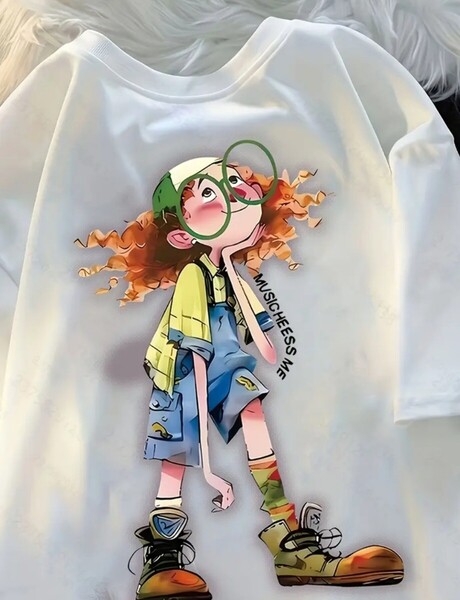 Y2KインスパイアされたキャラクターグラフィックTシャツ - ルーズフィット、半袖、クルーネック、伸縮性ポリエステルブレンド