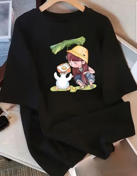 レディース ピュアコットン 半袖Tシャツ - かわいいキャラクター&スネイルプリント ルーズフィット ラウンドネック カジュアルトップ