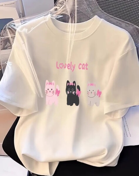 レディース 純綿 半袖Tシャツ - かわいい猫プリント 3匹のキャラクター付き ラウンドネック カジュアルトップ 洗濯機対応