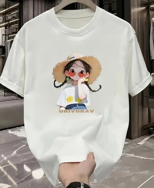 女性用のシックなキャラクタープリントTシャツ - スリムフィット、クルーネック、ショートスリーブ、Y2Kインスパイアードデザイン