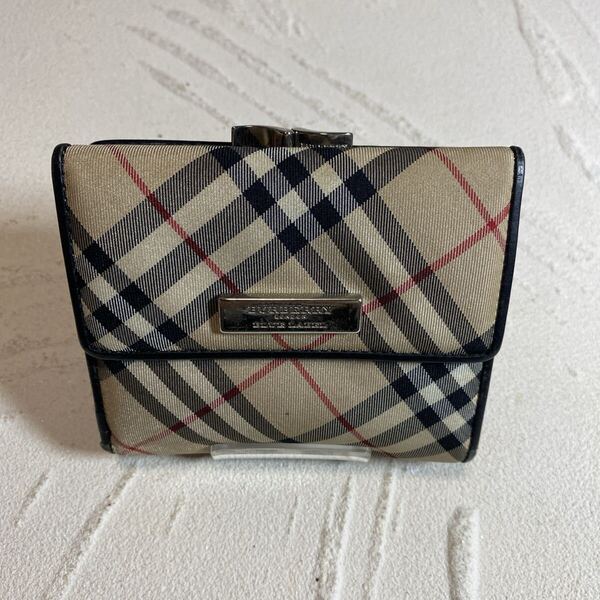 BURBERRY BLUE LABEL バーバリーブルーレーベル がま口三つ折り財布 コンパクトウォレット ノバチェック PVCキャンバス レザー