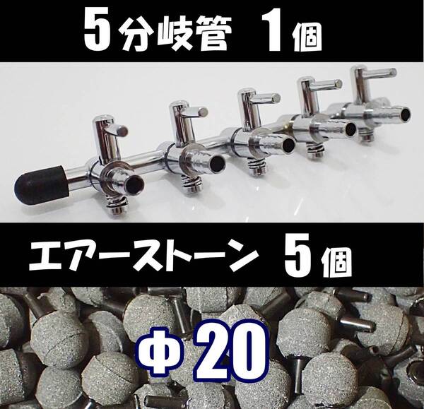 【送料無料】エアーコック 5分岐管 1個 + エアーストーン 5個 即決 シュリンプ・グッピー・メダカ水槽のエアー分岐に 一方コック5連