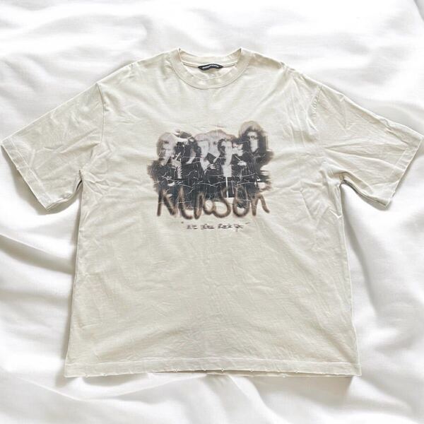 美品 メイソンプリンス ダメージ加工 Tシャツ ビッグシルエット 架空バンド Mason Prince バンT オーバーサイズ ひび割れ加工 used加工