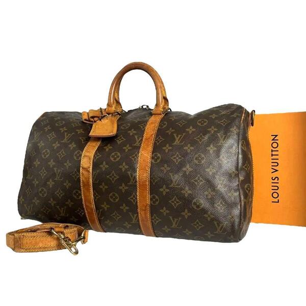 鑑定済 ルイヴィトン LOUIS VUITTON キーポル45 バンドリエール モノグラム ボストンバッグ ブラウン 茶 旅行かばん 正規品