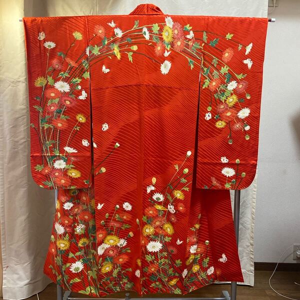 A 振袖 正絹 オレンジ系 菊 蝶 キンコマ刺繍 着物和装礼装 十三参り 成人式
