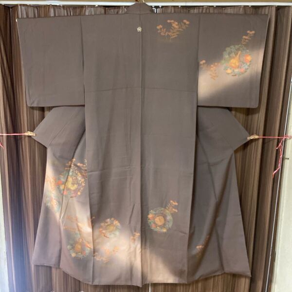 A 訪問着 正絹 一つ紋 茶系 チャコールグレー 着物 和装 和風 和物 和服
