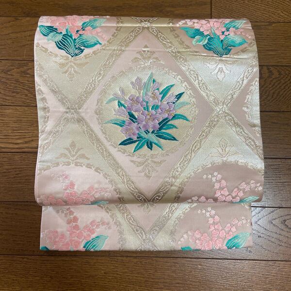 A 袋帯 六通 正絹 薄いピンク地 花柄 着物 和装 和風 和物 和服