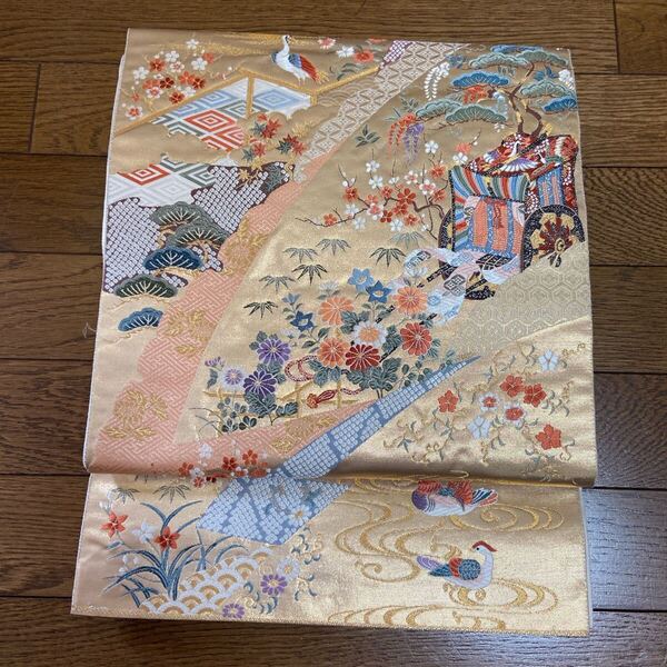A 袋帯 六通 正絹 金糸 御所車 鶴 オシドリ 菊 松 着物 和装 和風 和服