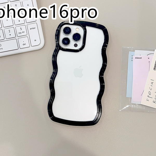 iphone16proケース カーバー TPU 可愛い 波型 お洒落 軽い ケース 耐衝撃高品質ブラック1c