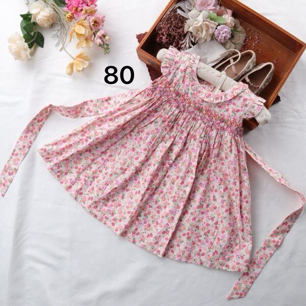 新品 スモッキングワンピース 水色 ブルー ノースリーブワンピース ヘアバンド付き 花柄 女の子 子供服 キッズ ワンピース 80