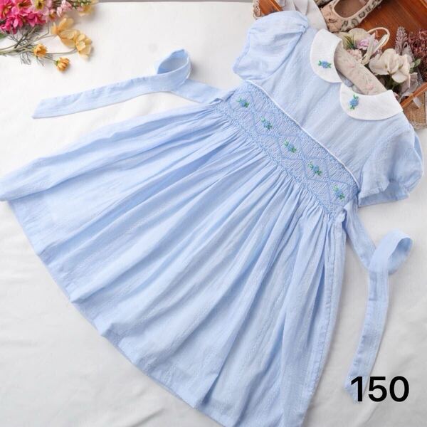 子供用品 新品 スモッキング ワンピース 発表会 子供服 女の子 キッズ 半袖 卒業式 入学式 可愛い ファミリア風 手刺繍 150