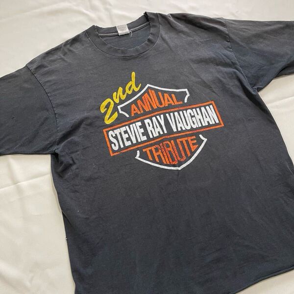 【襤褸】 XL 90s Stevie Ray Vaughan Harley Davidson Vintage Tee ハーレー パロディ S.R.V バンド Tシャツ 墨黒 ヴィンテージ 古着 USA製