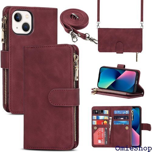 for iPhone 13 縄掛けケース 手帳型 携帯 下防止 耐衝撃 耐摩擦 全面保護 肩縄付き-ワインレッド 528