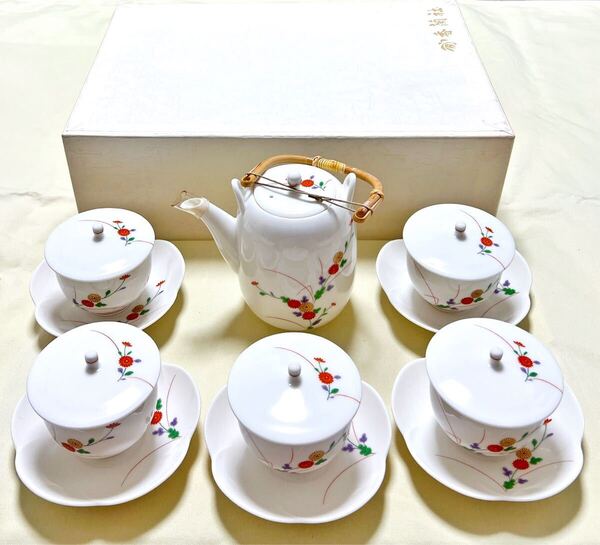 有田焼 香蘭社 菊小紋 ティーポット&蓋付き湯呑5客&梅型茶托5枚 茶器セット