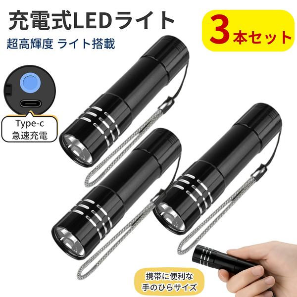 3本セット 高輝度 充電式LEDミニハンディライト 懐中電灯 キャンプ 防災 アウトドア 作業灯
