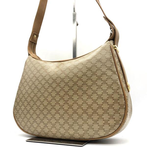 【美品】CELINE セリーヌ ワンショルダーバッグ ハンドバッグ マカダム柄 総柄 トリオンフ金具 ゴールド金具 レザー PVC 肩掛け ベージュ